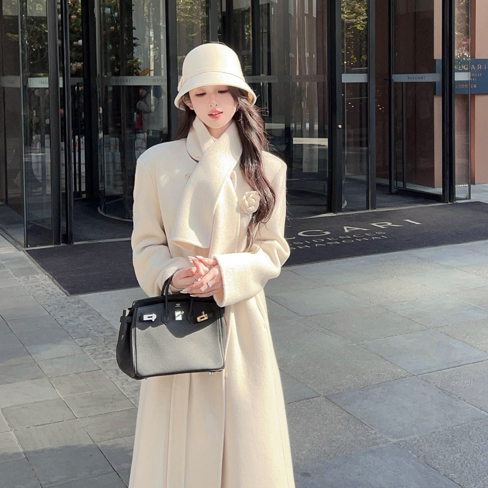 White Double-Sided Wool Cashmere Long Coat for Women with Scarf – Elegant Winter Outerwear, Chic Layering Piece, Perfect for Cold Weather