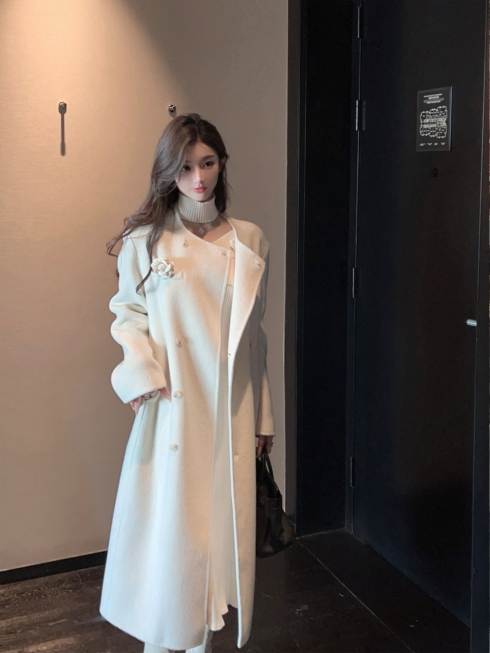 White Double-Sided Wool Cashmere Long Coat for Women with Scarf – Elegant Winter Outerwear, Chic Layering Piece, Perfect for Cold Weather White Double-Sided Wool Cashmere Long Coat for Women with Scarf – Elegant Winter Outerwear, Chic Layering Piece, Perfect for Cold Weather