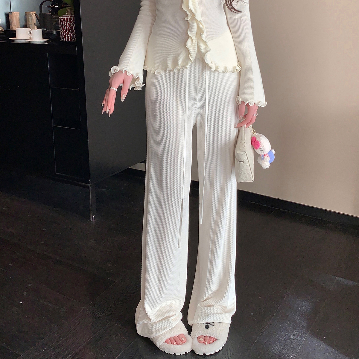 White Drawstring Knitted Wide-Leg Pants for Women, Loose High-Waisted, Floor-Length, Casual Style, Y2K Fashion