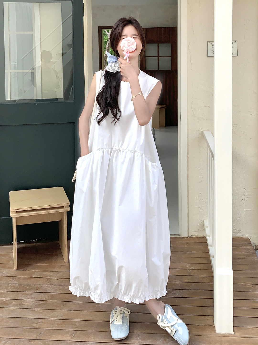 White Elegant Korean-Style Ruffled Pleated Tank Dress for Women - 2025 Summer Fashion, Age-Reducing Pure Style White Elegant Korean-Style Ruffled Pleated Tank Dress for Women - 2025 Summer Fashion, Age-Reducing Pure Style