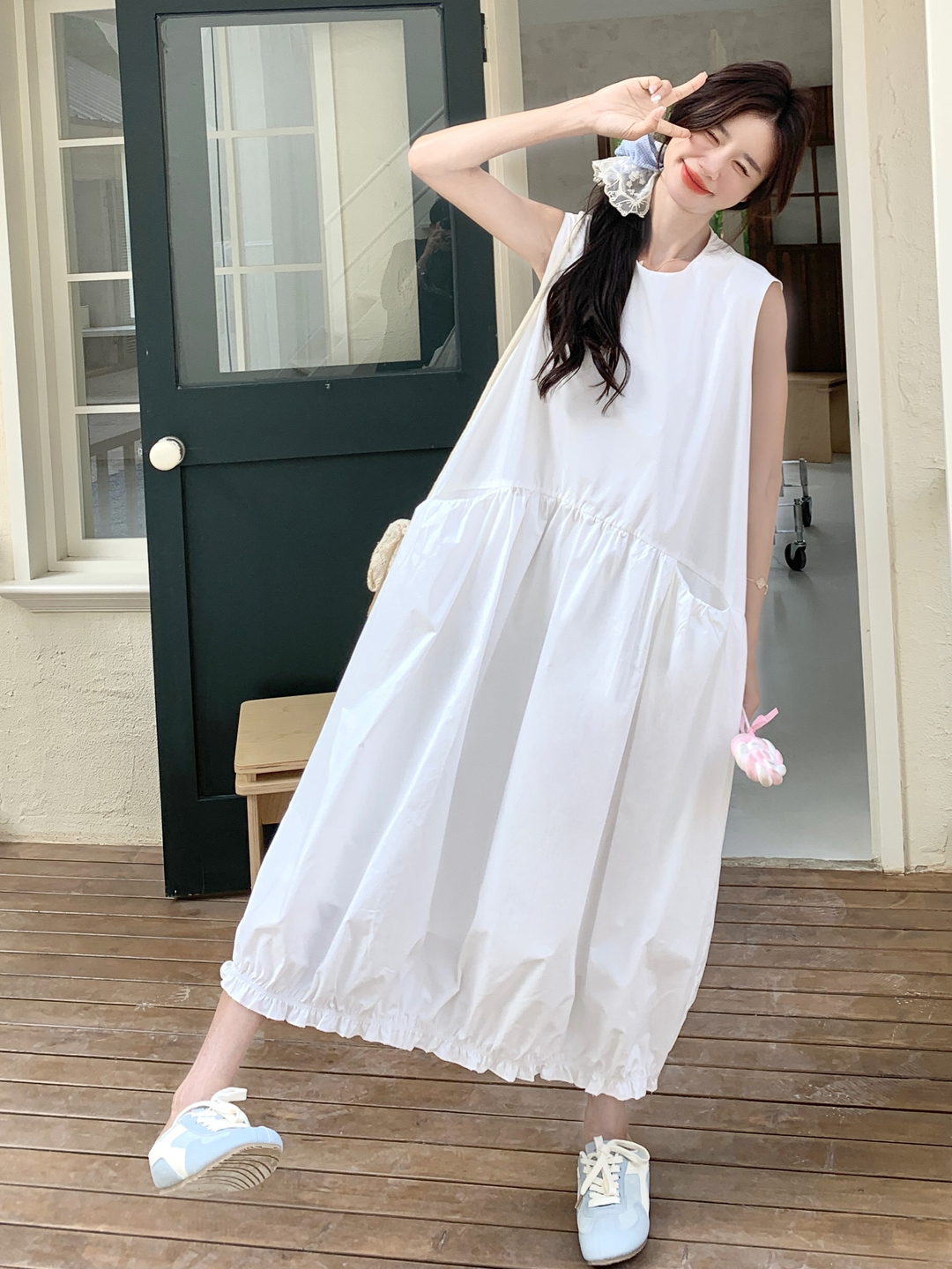 White Elegant Korean-Style Ruffled Pleated Tank Dress for Women - 2025 Summer Fashion, Age-Reducing Pure Style White Elegant Korean-Style Ruffled Pleated Tank Dress for Women - 2025 Summer Fashion, Age-Reducing Pure Style