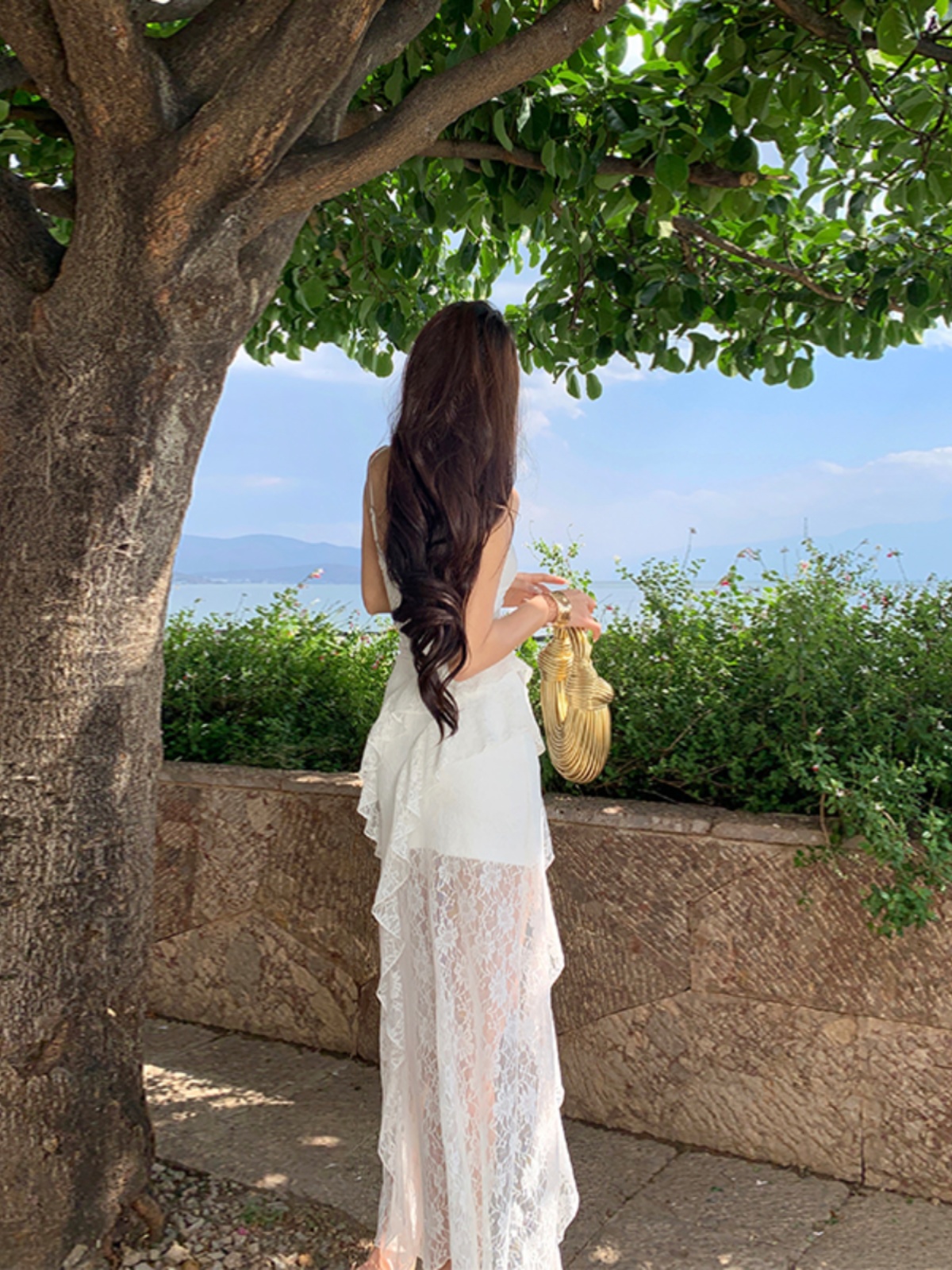 White Fairy Dress with Lace, Irregular Spaghetti Straps, Sweet Beach Vacation Style, Long Boho Dress White Fairy Dress with Lace, Irregular Spaghetti Straps, Sweet Beach Vacation Style, Long Boho Dress