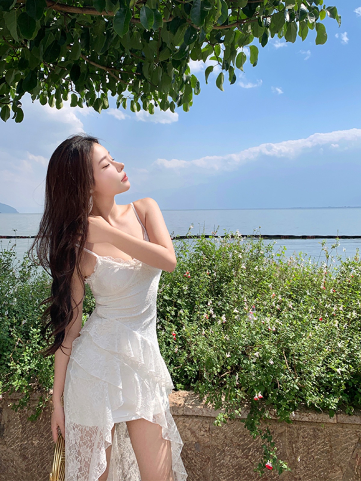 White Fairy Dress with Lace, Irregular Spaghetti Straps, Sweet Beach Vacation Style, Long Boho Dress White Fairy Dress with Lace, Irregular Spaghetti Straps, Sweet Beach Vacation Style, Long Boho Dress