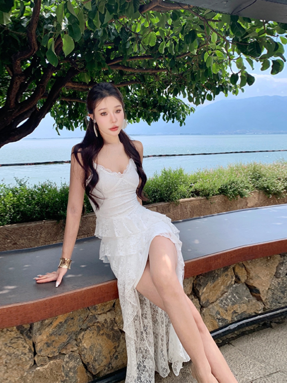 White Fairy Dress with Lace, Irregular Spaghetti Straps, Sweet Beach Vacation Style, Long Boho Dress White Fairy Dress with Lace, Irregular Spaghetti Straps, Sweet Beach Vacation Style, Long Boho Dress