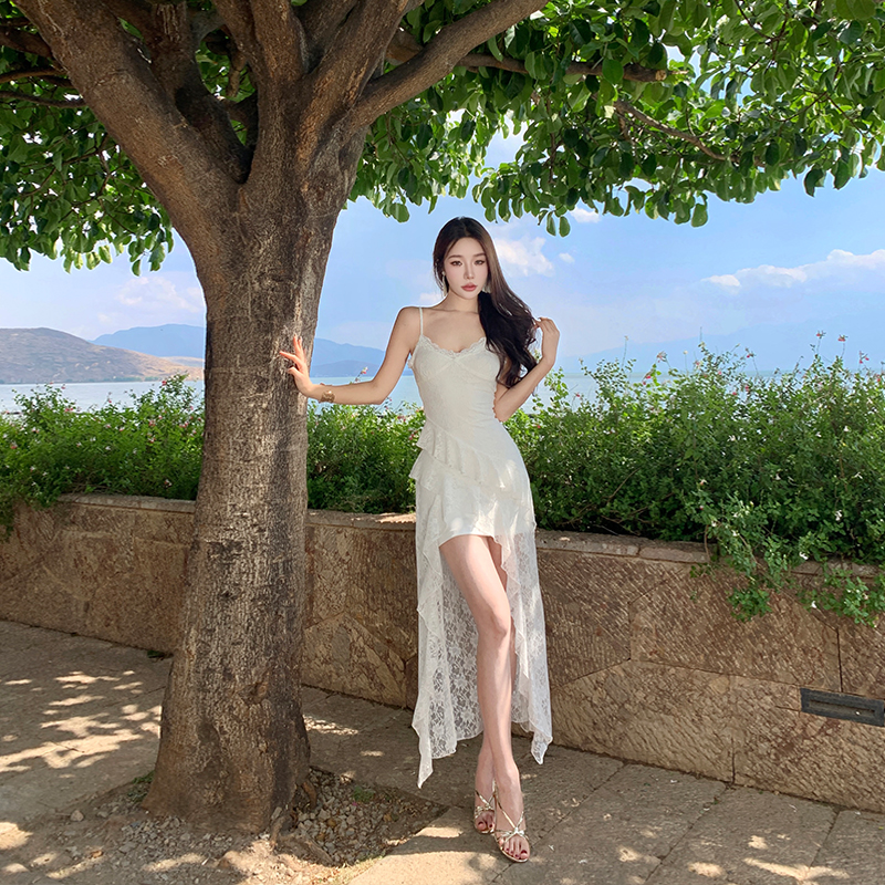 White Fairy Dress with Lace, Irregular Spaghetti Straps, Sweet Beach Vacation Style, Long Boho Dress