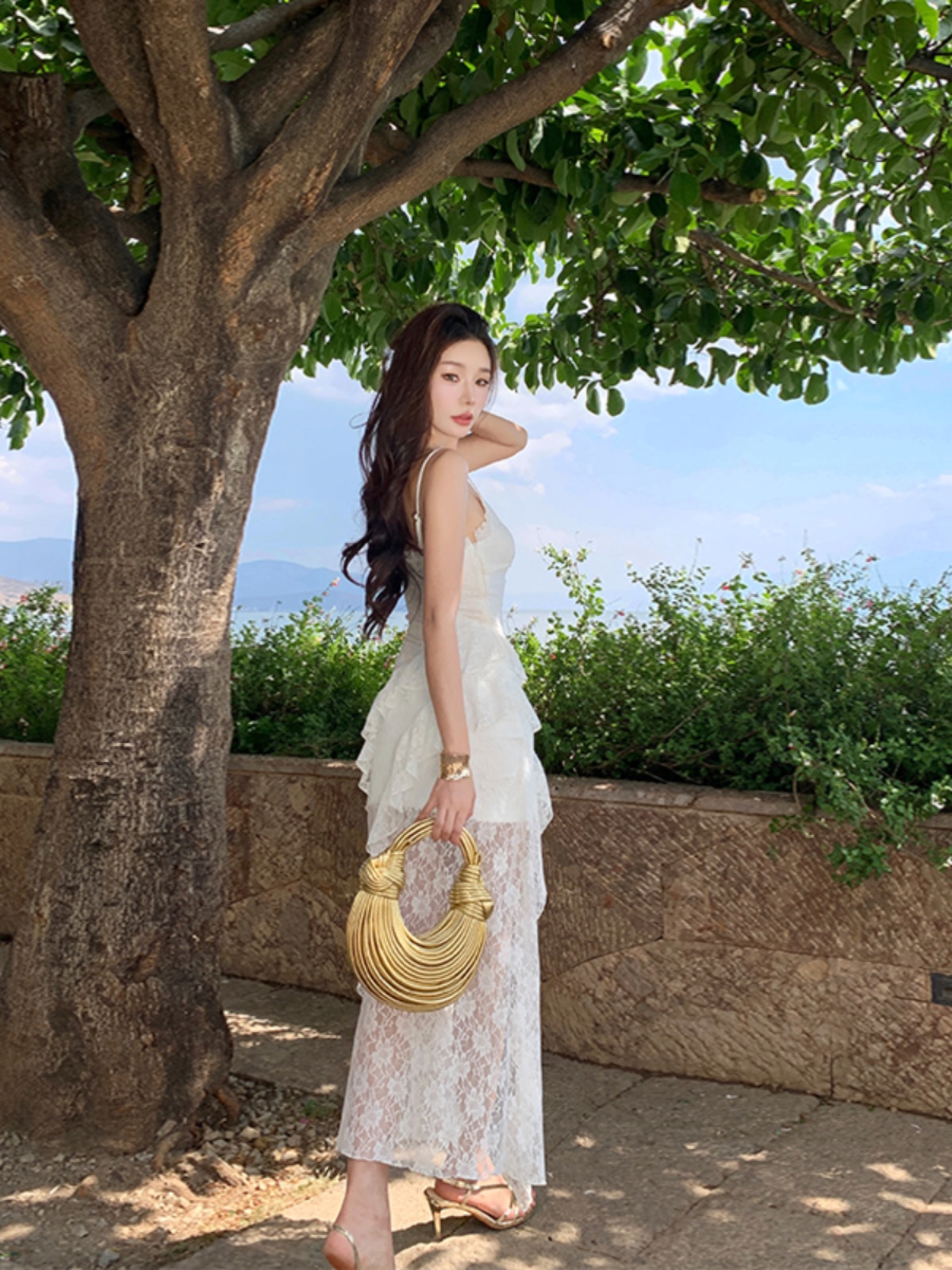 White Fairy Dress with Lace, Irregular Spaghetti Straps, Sweet Beach Vacation Style, Long Boho Dress White Fairy Dress with Lace, Irregular Spaghetti Straps, Sweet Beach Vacation Style, Long Boho Dress