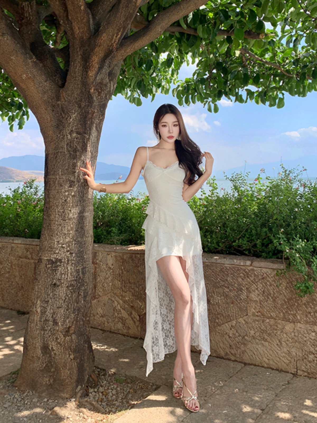 White Fairy Dress with Lace, Irregular Spaghetti Straps, Sweet Beach Vacation Style, Long Boho Dress White Fairy Dress with Lace, Irregular Spaghetti Straps, Sweet Beach Vacation Style, Long Boho Dress