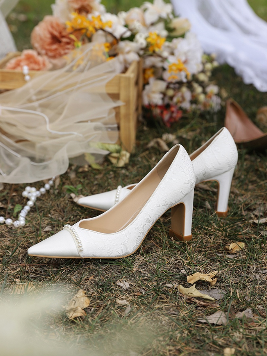White French Style Thick-Heeled Wedding Shoes for Women - Comfortable Bridal High Heels for Everyday Wear