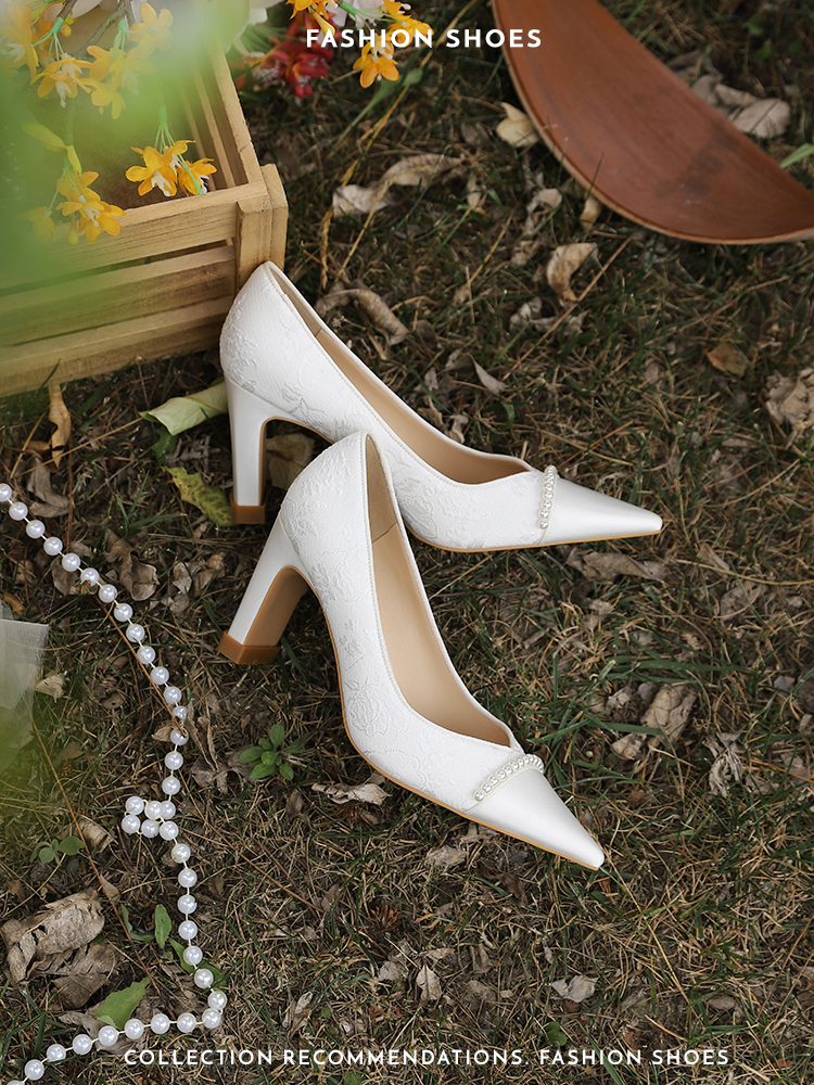 White French Style Thick-Heeled Wedding Shoes for Women - Comfortable Bridal High Heels for Everyday Wear