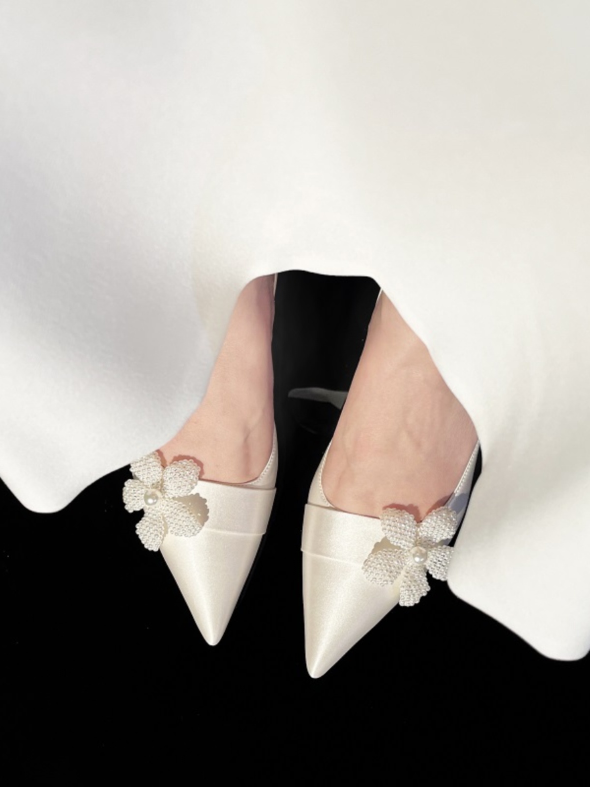 White French-Style Wedding Shoes for Brides, Elegant High-Heeled Dress Shoes, Comfortable Everyday Flats