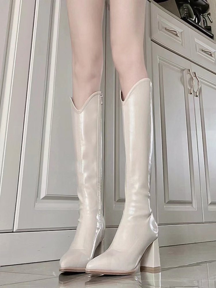 White Genuine Leather Long Boots for Women, 2025 Autumn Style, High Heel Pointed Toe Knight Boots, Slim Fit, Chunky Heel, Petite Friendly