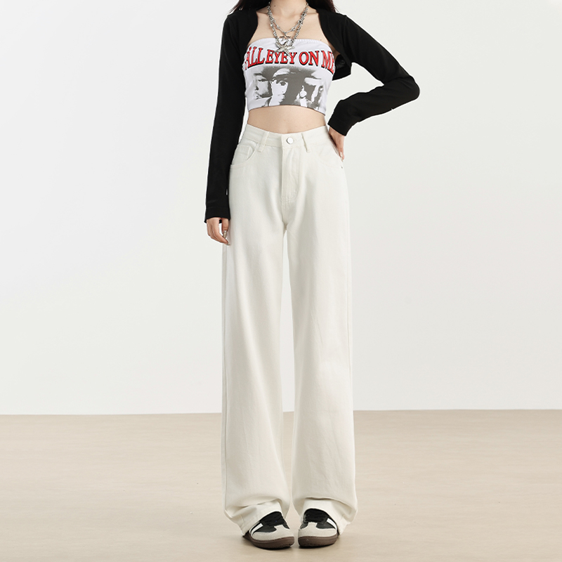 White High-Waisted Wide-Leg Fleece-Lined Jeans for Women - Loose-Fitting Draped Long Pants, 2025 Autumn Winter Style, Petite Fit