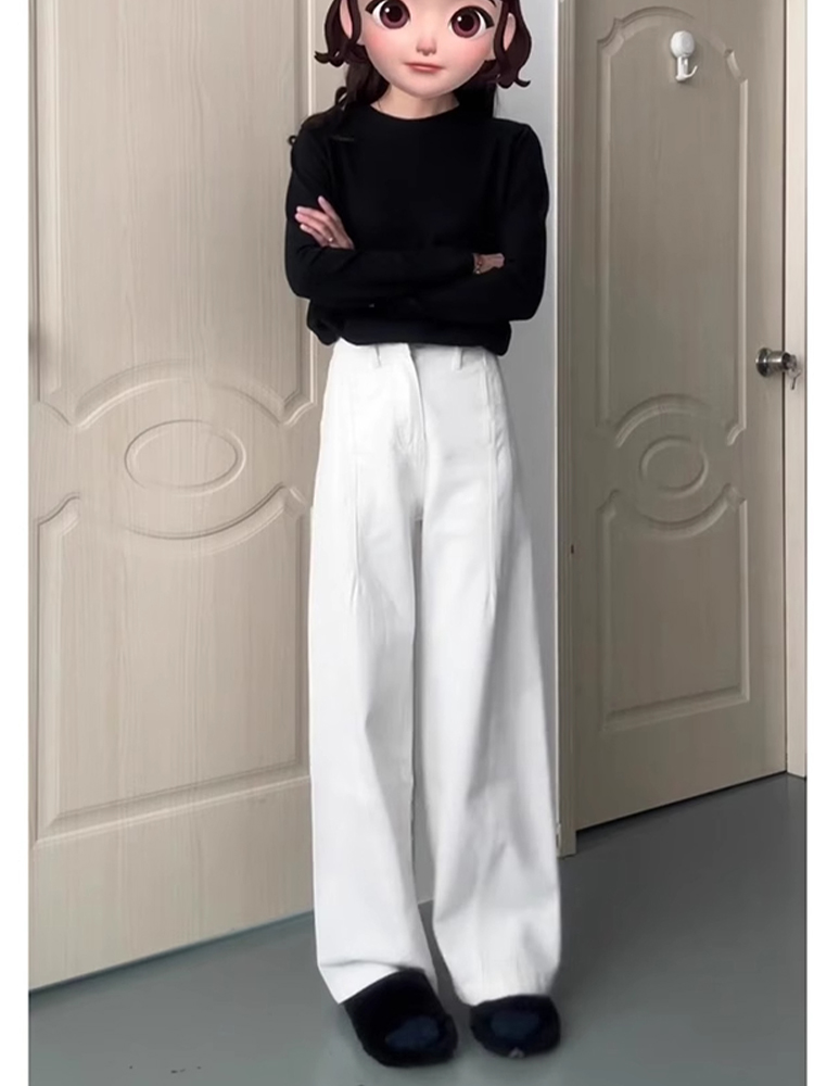 White High-Waisted Wide-Leg Jeans for Women - Loose Fit, Curved Blade Design, Versatile Summer Style, Floor-Length Fashion White High-Waisted Wide-Leg Jeans for Women - Loose Fit, Curved Blade Design, Versatile Summer Style, Floor-Length Fashion