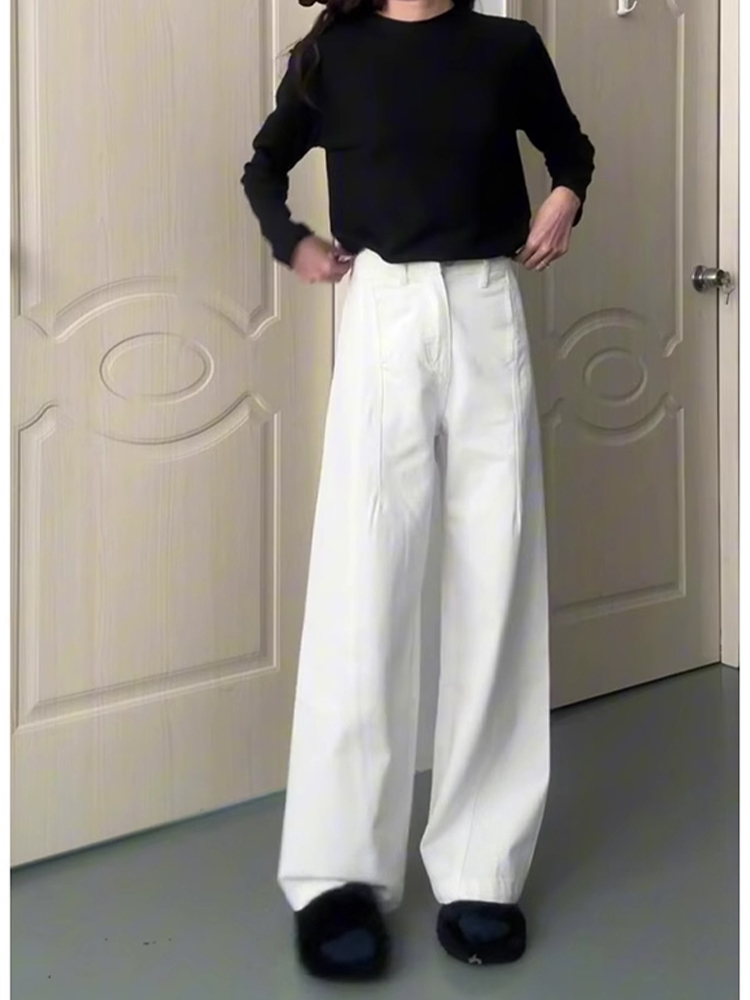 White High-Waisted Wide-Leg Jeans for Women - Loose Fit, Curved Blade Design, Versatile Summer Style, Floor-Length Fashion White High-Waisted Wide-Leg Jeans for Women - Loose Fit, Curved Blade Design, Versatile Summer Style, Floor-Length Fashion