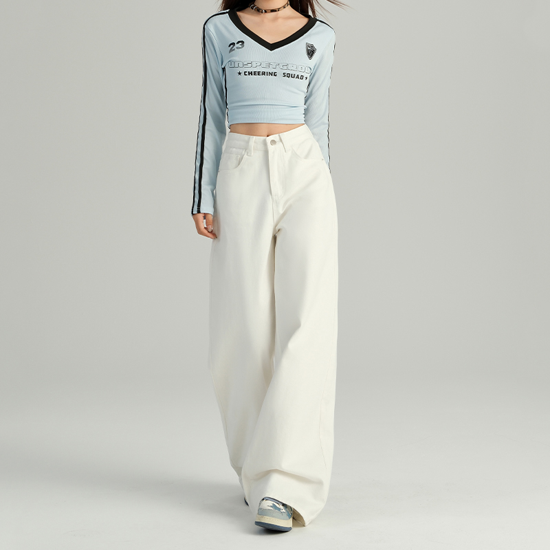 White High-Waisted Wide-Leg Jeans for Women - Loose Fit, Draped Design, Fleece-Lined, Petite Sizes, Trendy Autumn 2025 Style