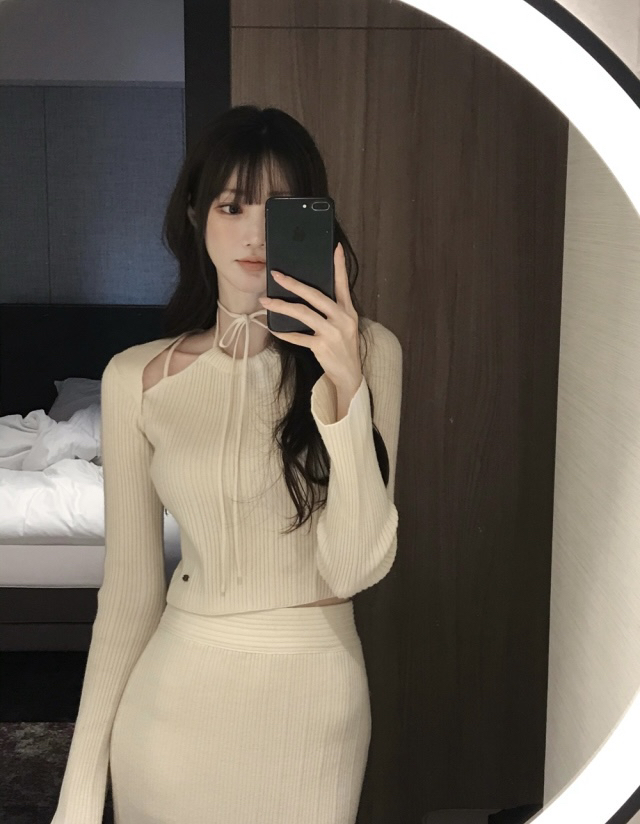White Hollow Knit Halter Top and Skirt Set - Sweet 90s Style Pure Desire Sweater Ensemble