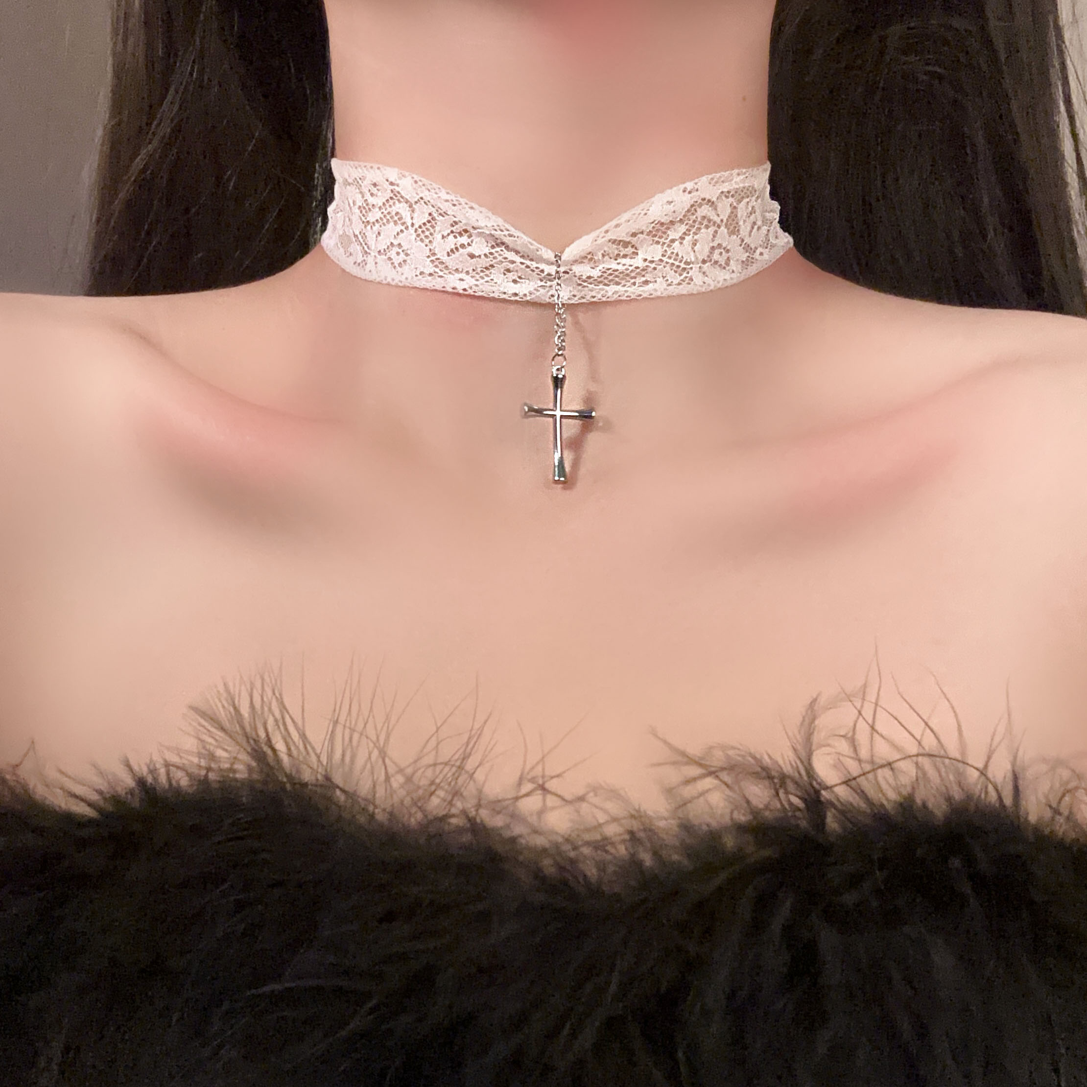 White Lace Cross Necklace Clavicle Chain - Hot Girl Style Sweet Cool Sexy Choker Accessory