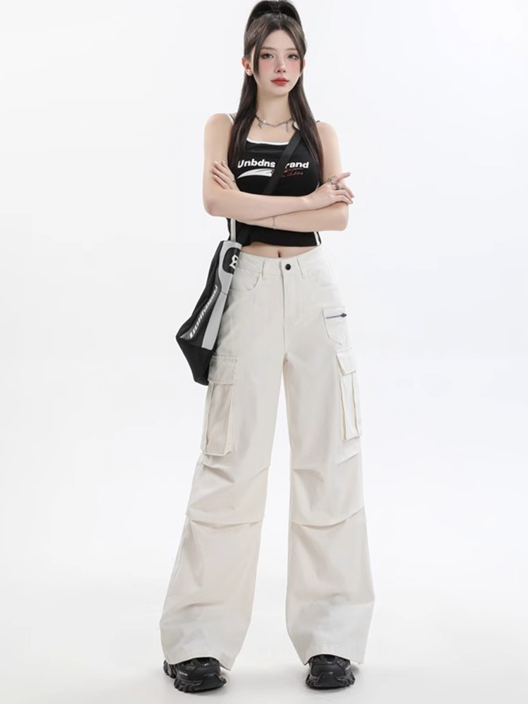 White Long Cargo Pants for Women - American Style, Summer Loose Fit, Slimming Straight-Leg Wide-Leg Design for Tall Individuals