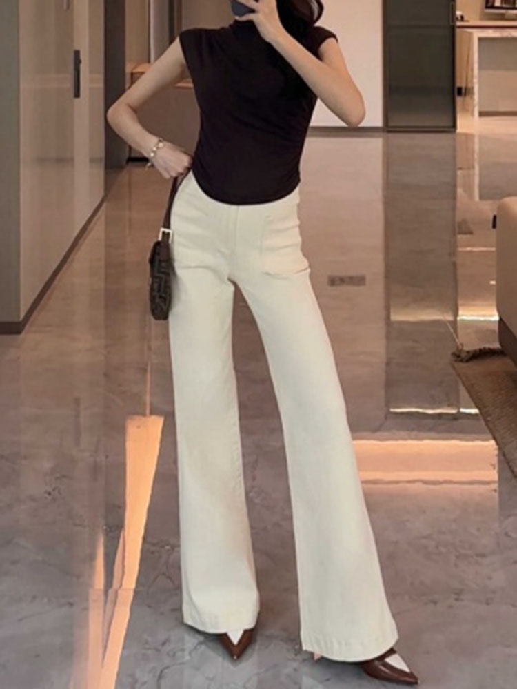White Micro-Flare Jeans for Women - Low-Waist Slim Straight Wide-Leg Pants for Summer 2025, Trendy Loose Fit, Fashion Staple