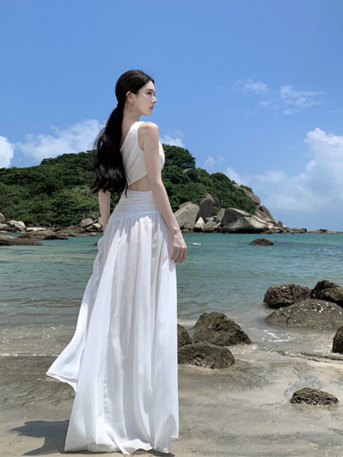 White Off-Shoulder Chiffon Long Dress - Exquisite Big Swing Summer Dress for High-End Seaside Vacation, Fairy Style White Off-Shoulder Chiffon Long Dress - Exquisite Big Swing Summer Dress for High-End Seaside Vacation, Fairy Style