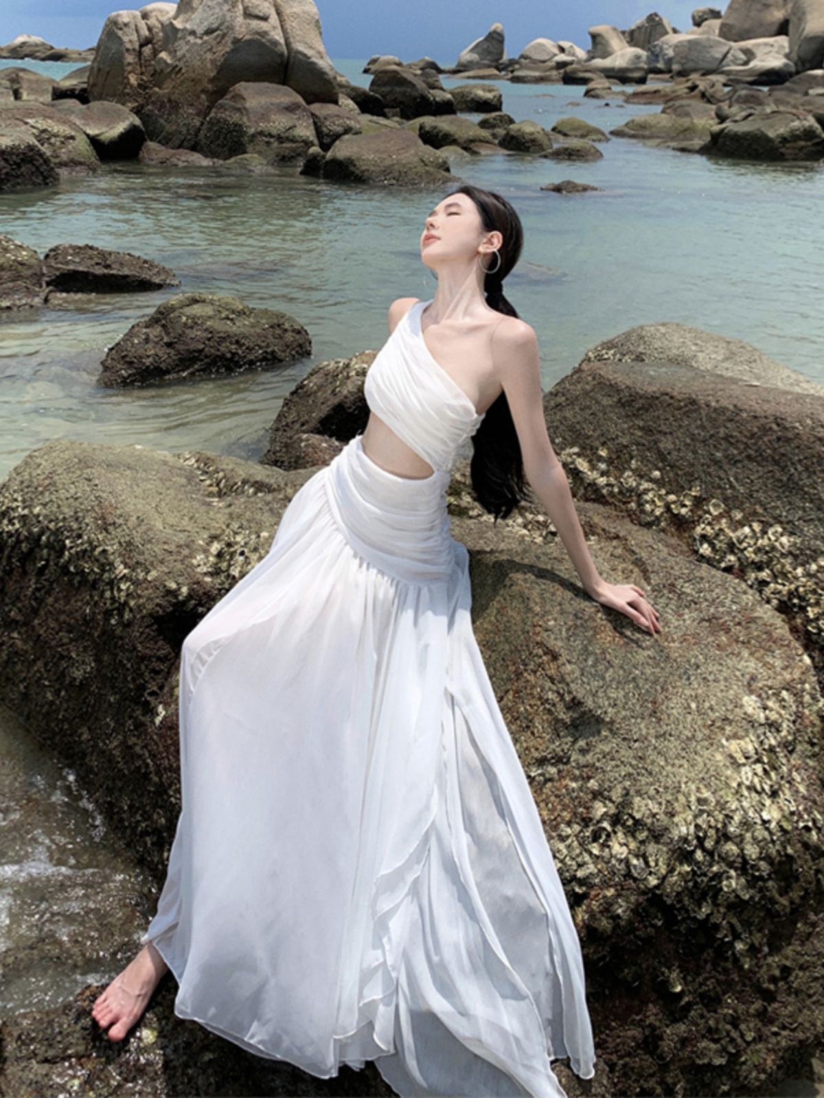 White Off-Shoulder Chiffon Long Dress - Exquisite Big Swing Summer Dress for High-End Seaside Vacation, Fairy Style White Off-Shoulder Chiffon Long Dress - Exquisite Big Swing Summer Dress for High-End Seaside Vacation, Fairy Style