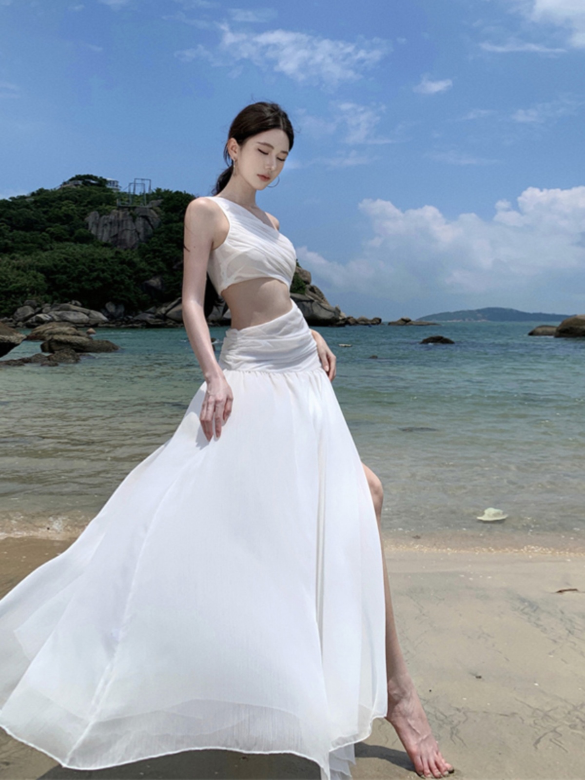 White Off-Shoulder Chiffon Long Dress - Exquisite Big Swing Summer Dress for High-End Seaside Vacation, Fairy Style White Off-Shoulder Chiffon Long Dress - Exquisite Big Swing Summer Dress for High-End Seaside Vacation, Fairy Style