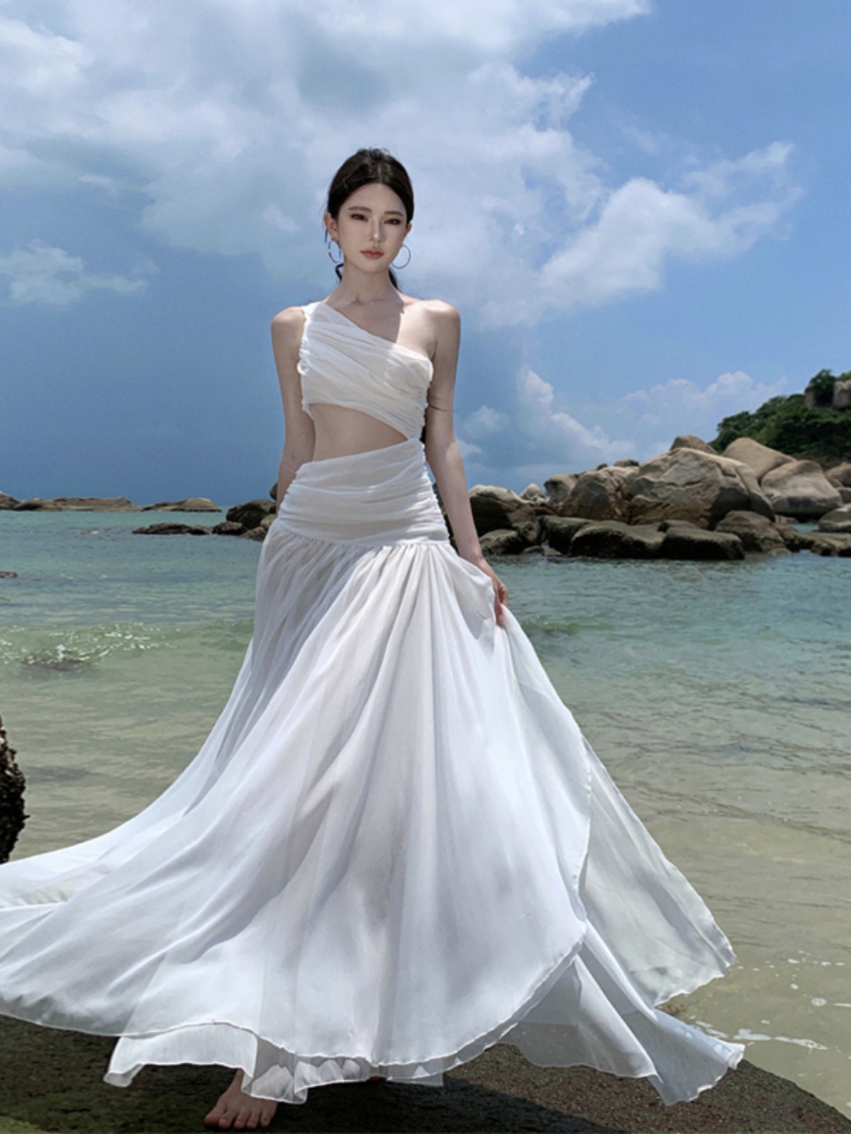 White Off-Shoulder Chiffon Long Dress - Exquisite Big Swing Summer Dress for High-End Seaside Vacation, Fairy Style White Off-Shoulder Chiffon Long Dress - Exquisite Big Swing Summer Dress for High-End Seaside Vacation, Fairy Style