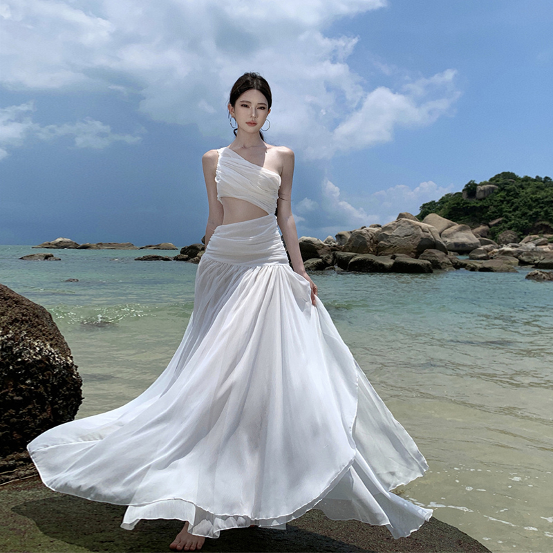 White Off-Shoulder Chiffon Long Dress - Exquisite Big Swing Summer Dress for High-End Seaside Vacation, Fairy Style White Off-Shoulder Chiffon Long Dress - Exquisite Big Swing Summer Dress for High-End Seaside Vacation, Fairy Style