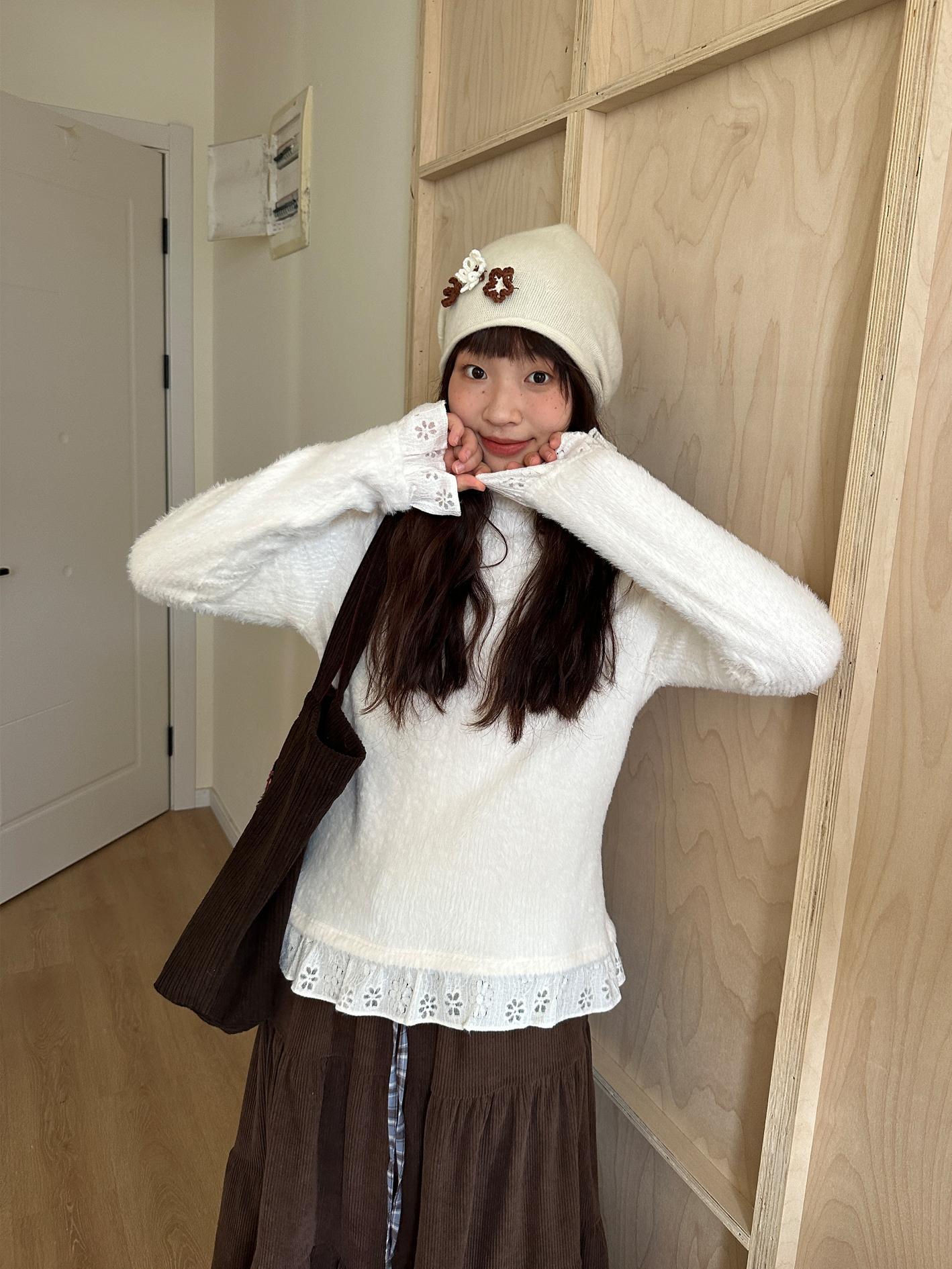 White Plush High-Neck Lace Long-Sleeve Slim-Fit Top - Snow Velvet Princess Inspired, Cozy Winter Fashion, Perfect for Layering