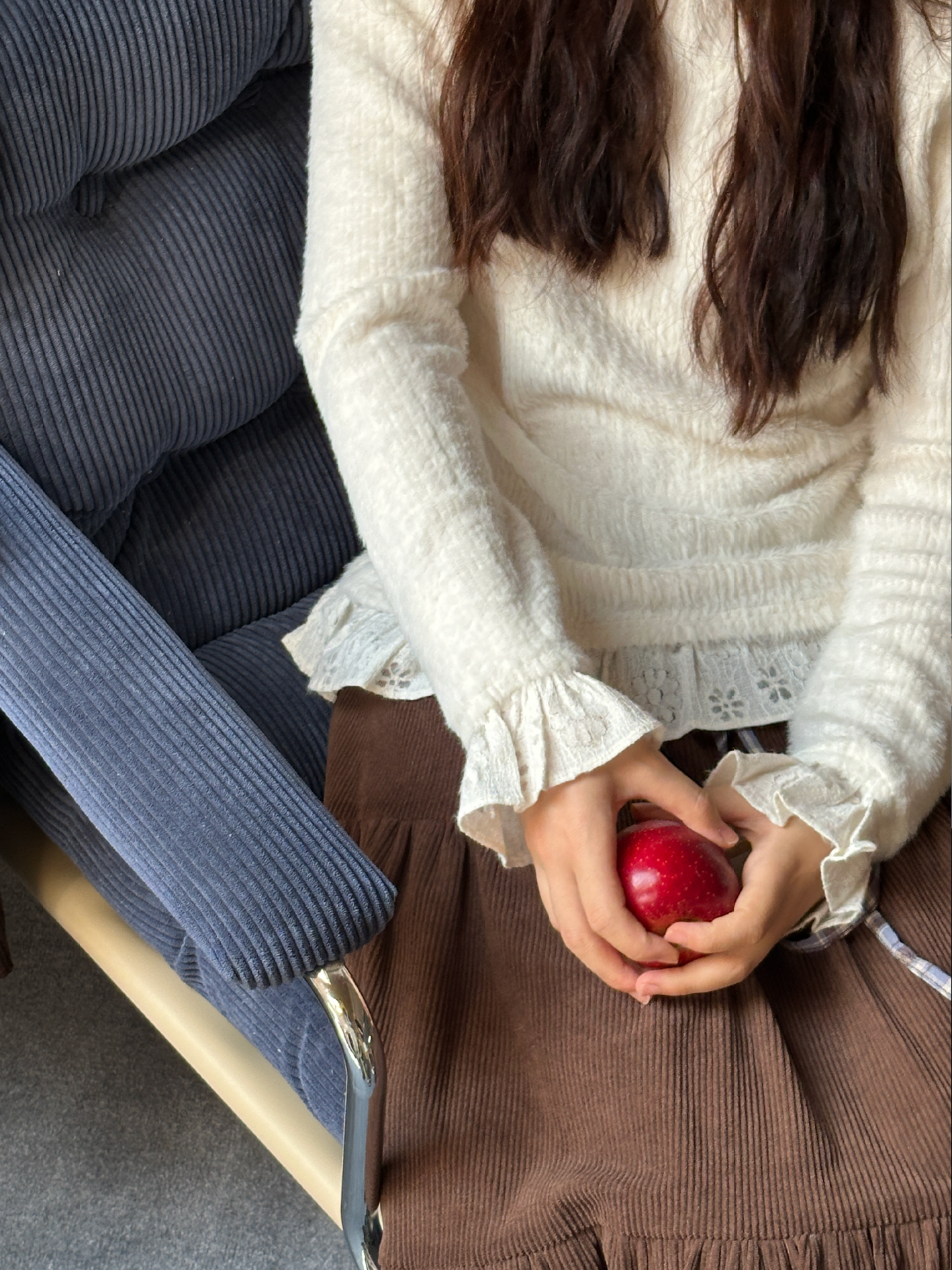 White Plush High-Neck Lace Long-Sleeve Slim-Fit Top - Snow Velvet Princess Inspired, Cozy Winter Fashion, Perfect for Layering