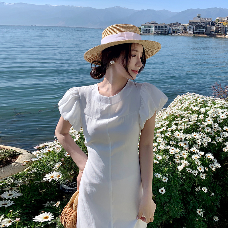 White Puff Sleeve Backless Dress - French Style Waist-Cinching Beach Vacation Dress - Popular Summer 90s Aesthetic White Puff Sleeve Backless Dress - French Style Waist-Cinching Beach Vacation Dress - Popular Summer 90s Aesthetic