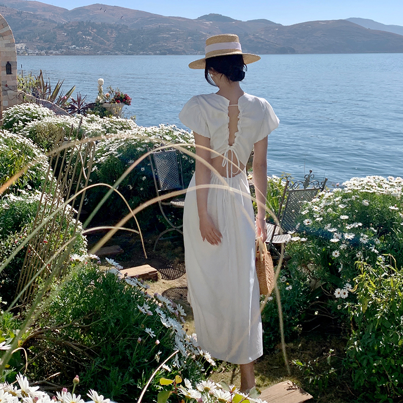 White Puff Sleeve Backless Dress - French Style Waist-Cinching Beach Vacation Dress - Popular Summer 90s Aesthetic White Puff Sleeve Backless Dress - French Style Waist-Cinching Beach Vacation Dress - Popular Summer 90s Aesthetic