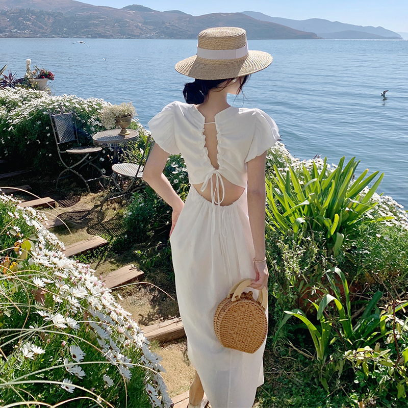 White Puff Sleeve Backless Dress - French Style Waist-Cinching Beach Vacation Dress - Popular Summer 90s Aesthetic White Puff Sleeve Backless Dress - French Style Waist-Cinching Beach Vacation Dress - Popular Summer 90s Aesthetic