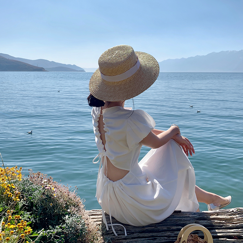 White Puff Sleeve Backless Dress - French Style Waist-Cinching Beach Vacation Dress - Popular Summer 90s Aesthetic White Puff Sleeve Backless Dress - French Style Waist-Cinching Beach Vacation Dress - Popular Summer 90s Aesthetic