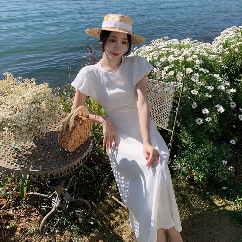 White Puff Sleeve Backless Dress - French Style Waist-Cinching Beach Vacation Dress - Popular Summer 90s Aesthetic White Puff Sleeve Backless Dress - French Style Waist-Cinching Beach Vacation Dress - Popular Summer 90s Aesthetic