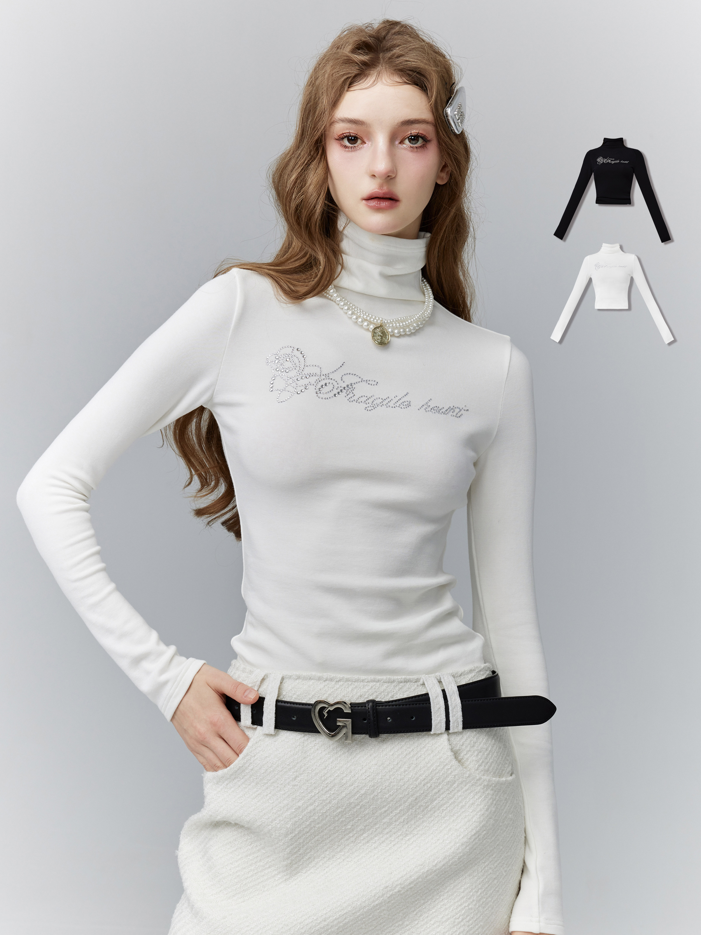 White Roaming Layered Design Rhinestone Slim Fit T-shirt - Trendy Y2K Style Top for Effortless Fashion