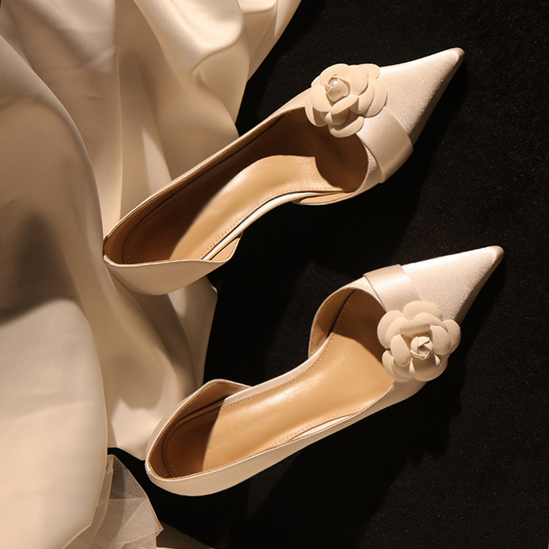 White Satin High Heels Wedding Shoes for Women - Vintage French Camellia Fairy Style 2025 Bridal Footwear