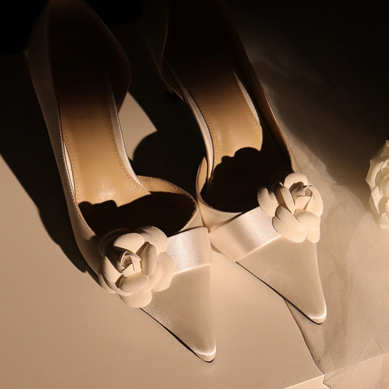 White Satin High Heels Wedding Shoes for Women - Vintage French Camellia Fairy Style 2025 Bridal Footwear