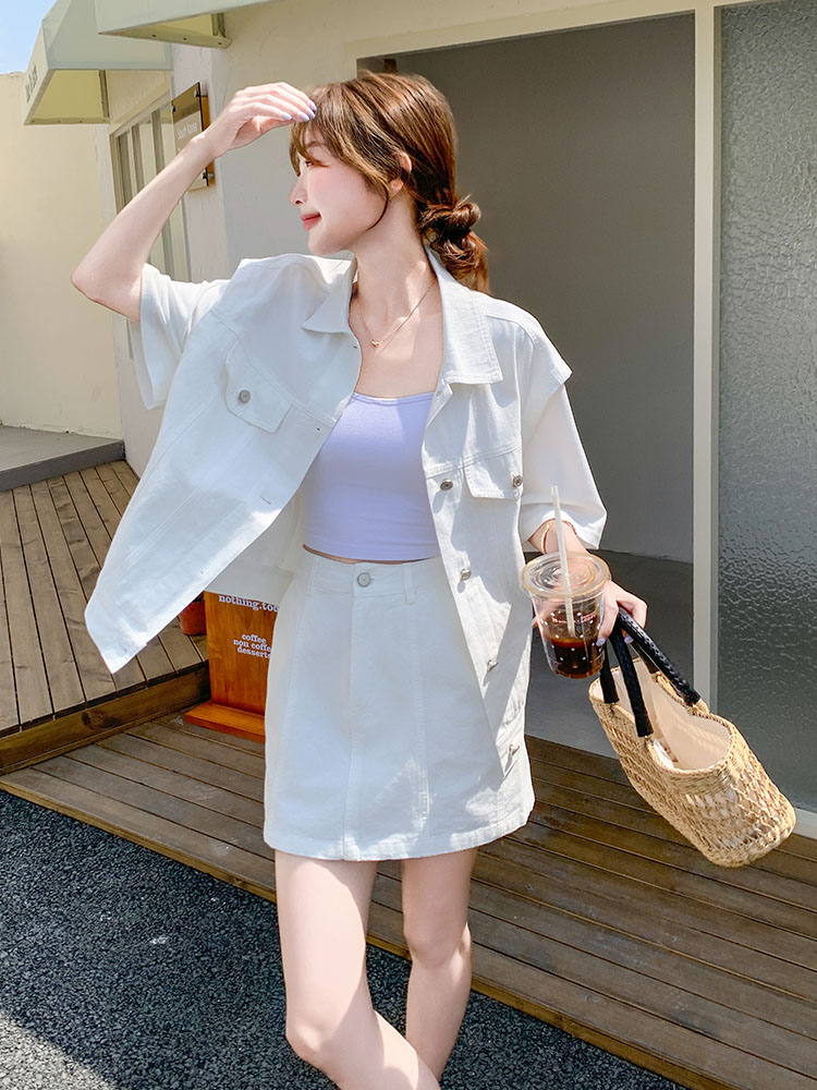 White Short Sleeve Jacket and Skirt Set for Women - 2025 Summer Casual Workwear, Hong Kong Fashion Two-Piece Ensemble