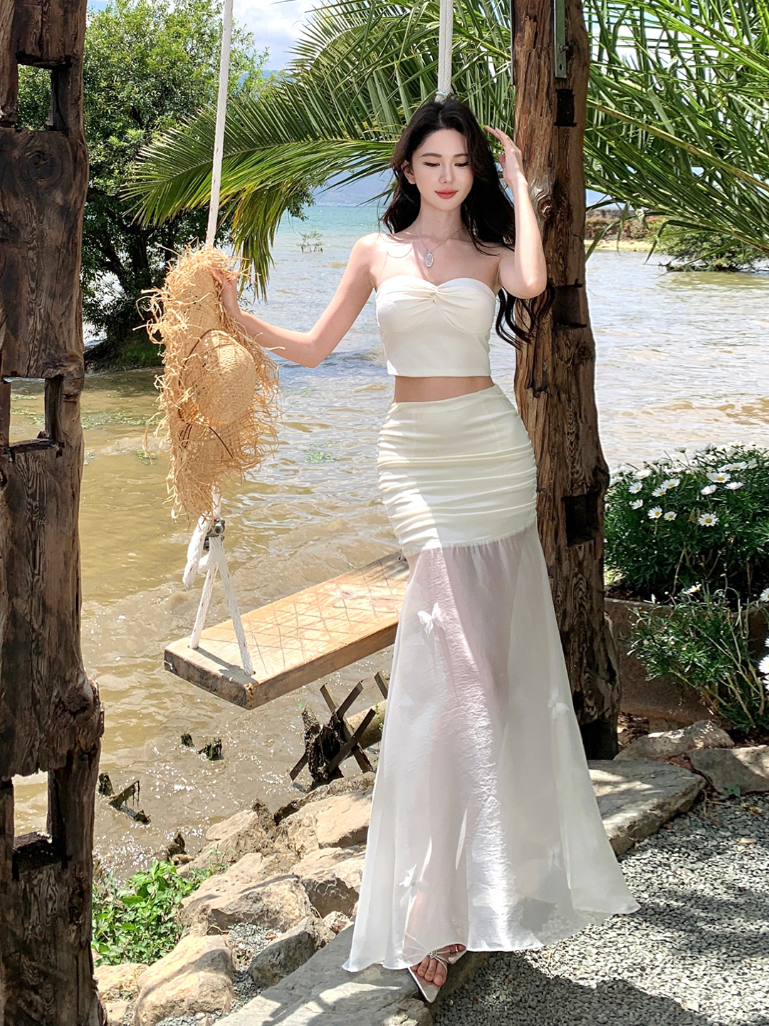 White Strapless Two-Piece Long Dress with Transparent Mesh Half Skirt - Summer Beach Vacation Outfit White Strapless Two-Piece Long Dress with Transparent Mesh Half Skirt - Summer Beach Vacation Outfit