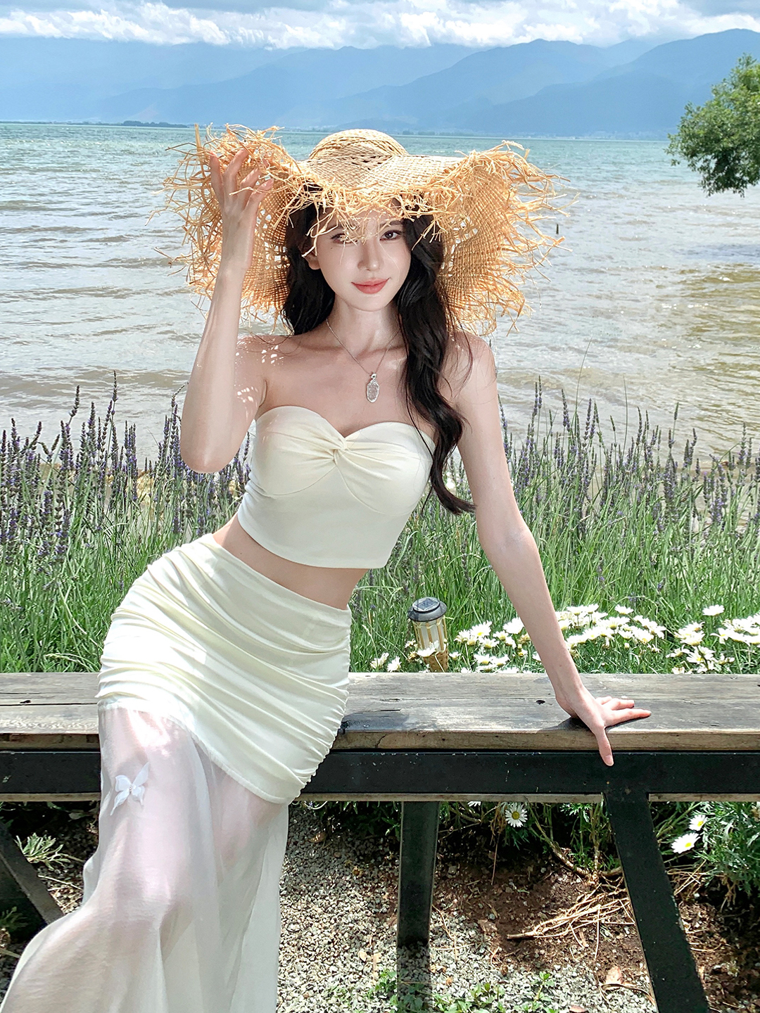 White Strapless Two-Piece Long Dress with Transparent Mesh Half Skirt - Summer Beach Vacation Outfit White Strapless Two-Piece Long Dress with Transparent Mesh Half Skirt - Summer Beach Vacation Outfit