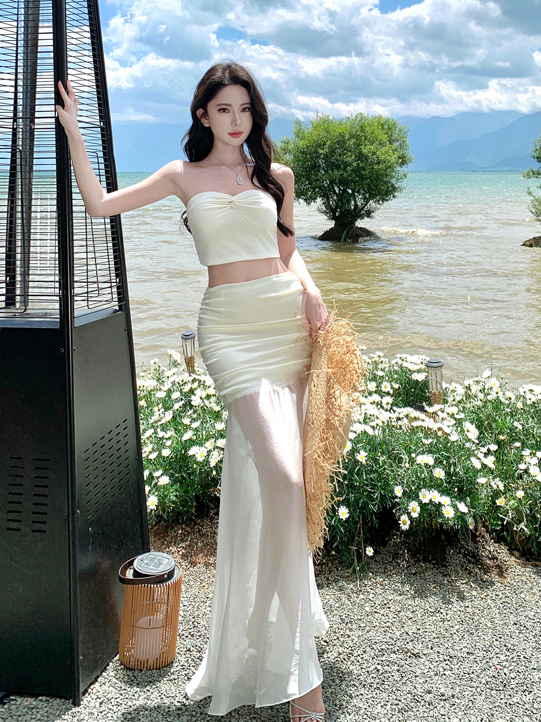 White Strapless Two-Piece Long Dress with Transparent Mesh Half Skirt - Summer Beach Vacation Outfit White Strapless Two-Piece Long Dress with Transparent Mesh Half Skirt - Summer Beach Vacation Outfit