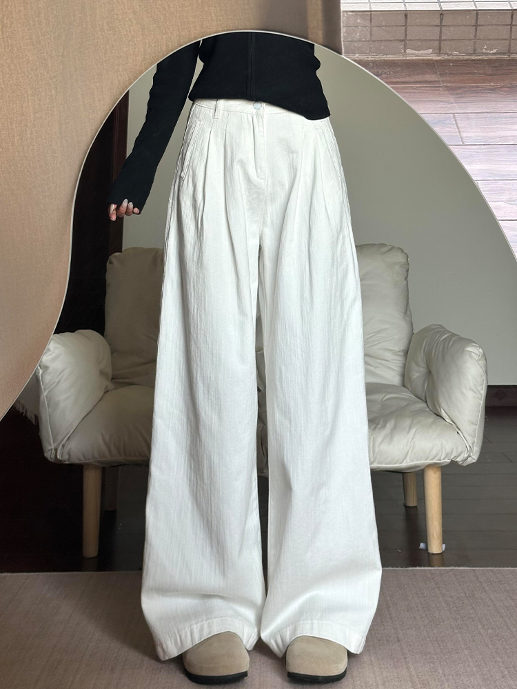 White Textured High-Waisted Wide-Leg Jeans for Women, Summer Casual Loose-Fitting Draped Straight-Leg Long Pants