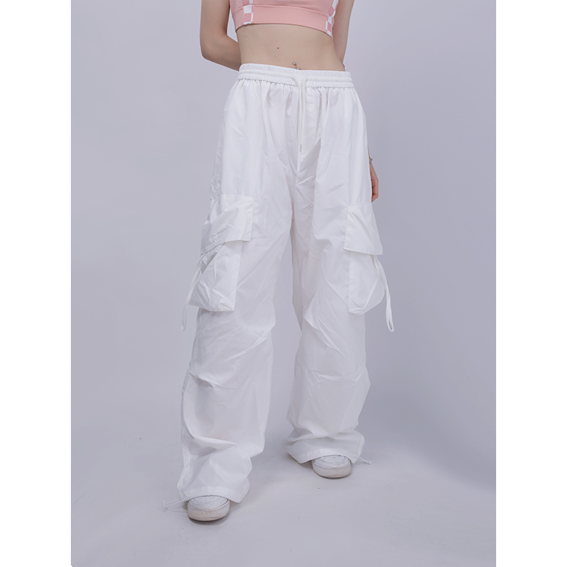 White Thin Cargo Pants for Women - Elastic Waist Jazz Dance Sports Casual Trousers, European and American Style White Thin Cargo Pants for Women - Elastic Waist Jazz Dance Sports Casual Trousers, European and American Style