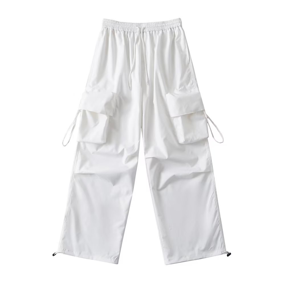 White Thin Cargo Pants for Women - Elastic Waist Jazz Dance Sports Casual Trousers, European and American Style