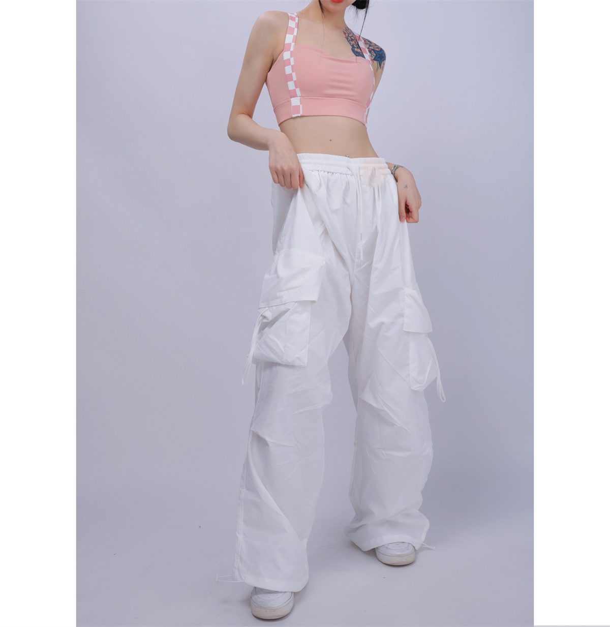 White Thin Cargo Pants for Women - Elastic Waist Jazz Dance Sports Casual Trousers, European and American Style White Thin Cargo Pants for Women - Elastic Waist Jazz Dance Sports Casual Trousers, European and American Style