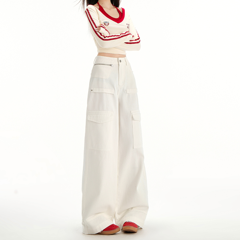 White Wide-Leg Denim Pants for Women, High-Waisted Casual Trousers with Multi-Pockets, Spring/Summer 2025 Fashion