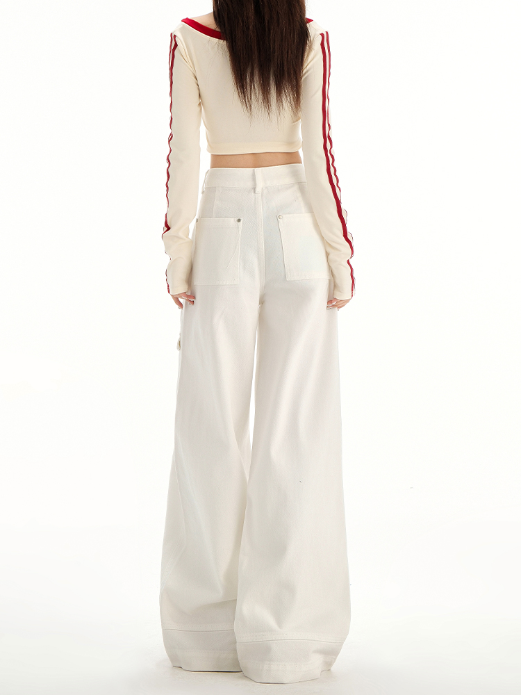 White Wide-Leg Denim Pants for Women, High-Waisted Casual Trousers with Multi-Pockets, Spring/Summer 2025 Fashion White Wide-Leg Denim Pants for Women, High-Waisted Casual Trousers with Multi-Pockets, Spring/Summer 2025 Fashion