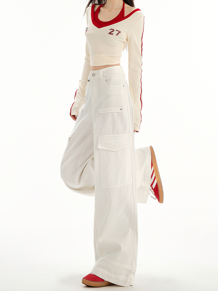 White Wide-Leg Denim Pants for Women, High-Waisted Casual Trousers with Multi-Pockets, Spring/Summer 2025 Fashion White Wide-Leg Denim Pants for Women, High-Waisted Casual Trousers with Multi-Pockets, Spring/Summer 2025 Fashion