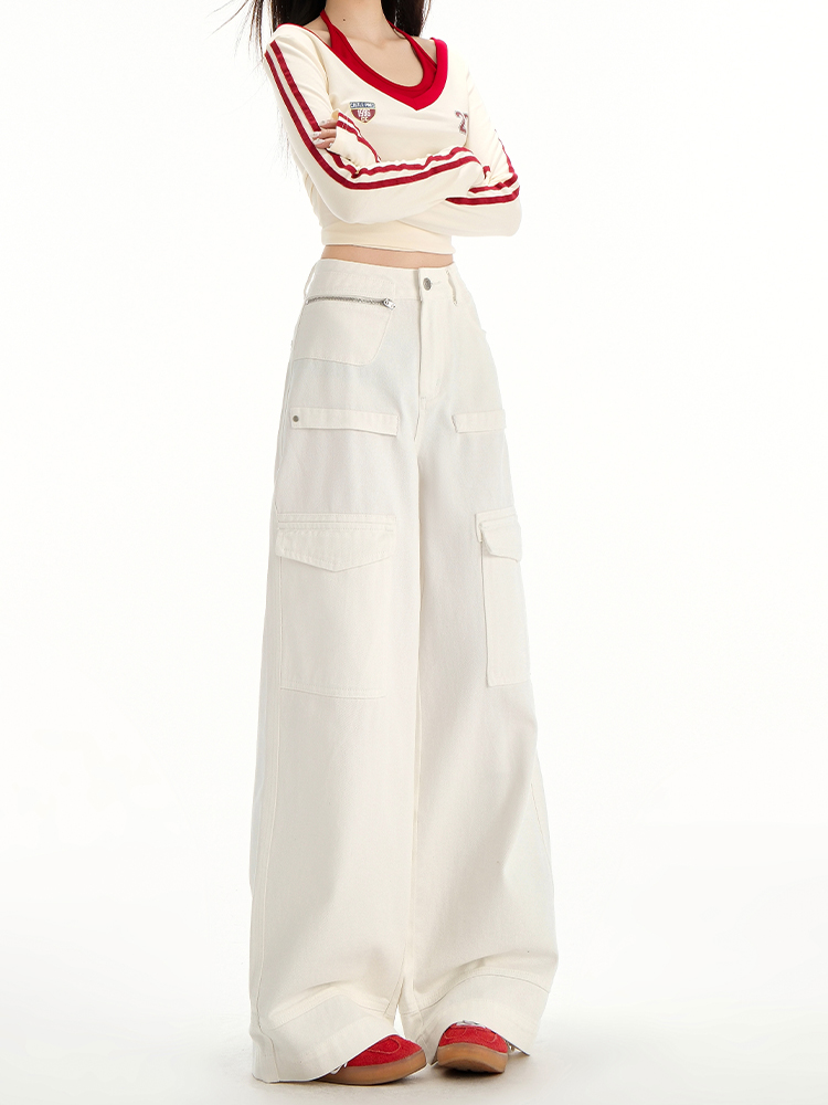 White Wide-Leg Denim Pants for Women, High-Waisted Casual Trousers with Multi-Pockets, Spring/Summer 2025 Fashion White Wide-Leg Denim Pants for Women, High-Waisted Casual Trousers with Multi-Pockets, Spring/Summer 2025 Fashion